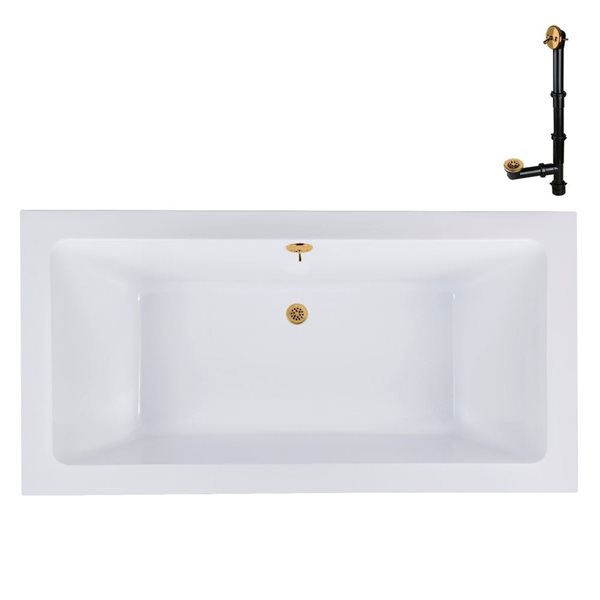 Streamline 66-in x 34-in Glossy Whit Acrylic Soaking Drop-In Bathtub with Brushed Gold External Drain