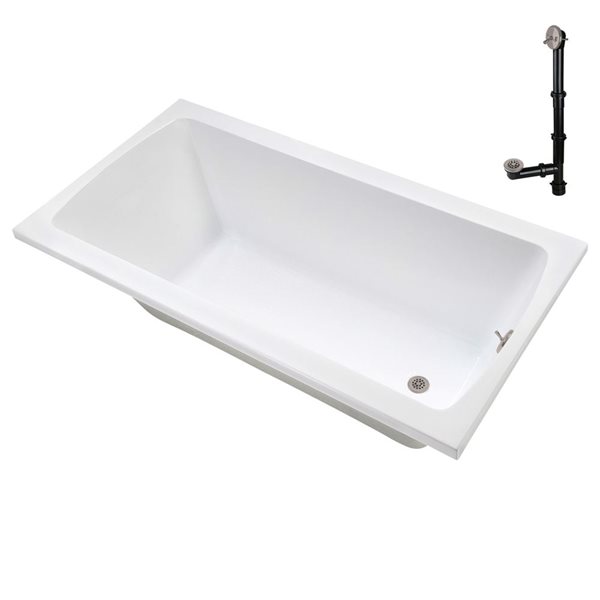 Streamline 66-in x 34-in Glossy White Acrylic Soaking Drop-In Bathtub in with Brushed Nickel External Drain