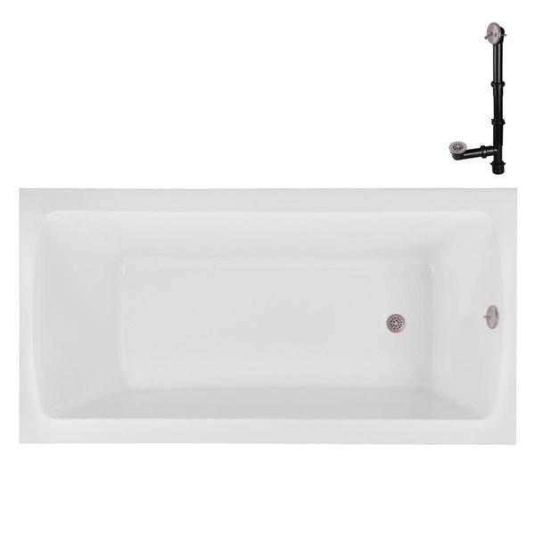 Streamline 66-in x 34-in Glossy White Acrylic Soaking Drop-In Bathtub in with Brushed Nickel External Drain