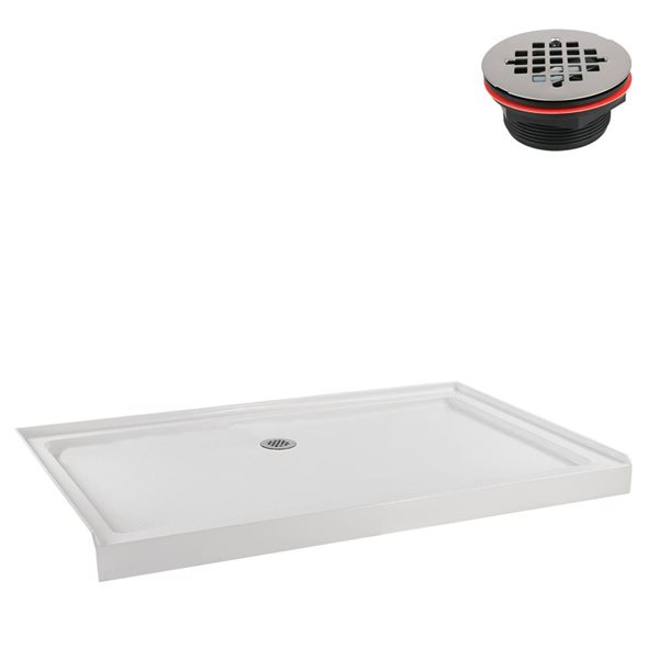 Base de douche en alcôve Streamline en acrylique 60 po x 36 po blanc brillant avec drain central et drain ABS inclus