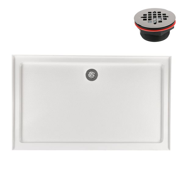 Base de douche en alcôve Streamline en acrylique 60 po x 36 po blanc brillant avec drain central et drain ABS inclus