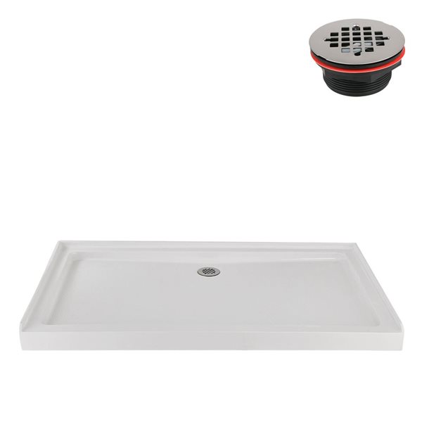 Base de douche en alcôve Streamline en acrylique 60 po x 36 po blanc brillant avec drain central et drain ABS inclus