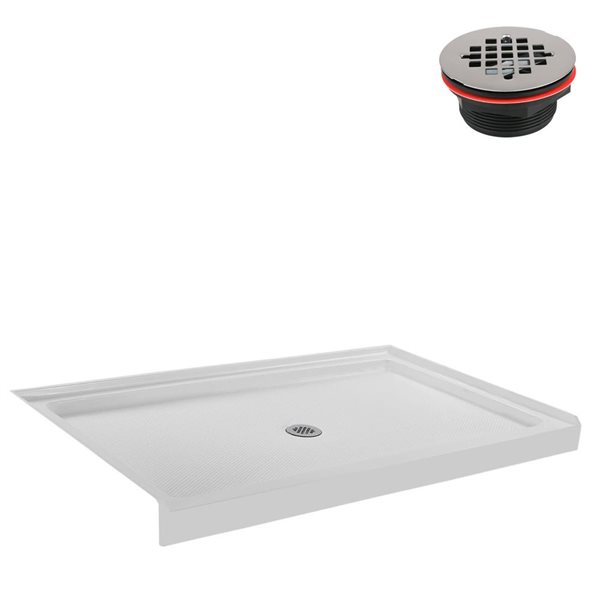 Base de douche Streamline en alcôve en acrylique 60 po x 36 po blanc brillant avec drain central et drain ABS inclus