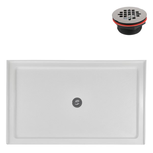 Base de douche Streamline en alcôve en acrylique 60 po x 36 po blanc brillant avec drain central et drain ABS inclus