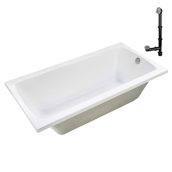 Streamline 72 x 36-in Acrylic Soaking Drop-In Bathtub, Glossy White w/ External Reversible Drain, Brushed Nickel