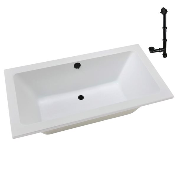 Streamline 72 x 36 x 22.8-in Acrylic Soaking Drop-In Bathtub, Glossy White w/ External Drain, Matte Black