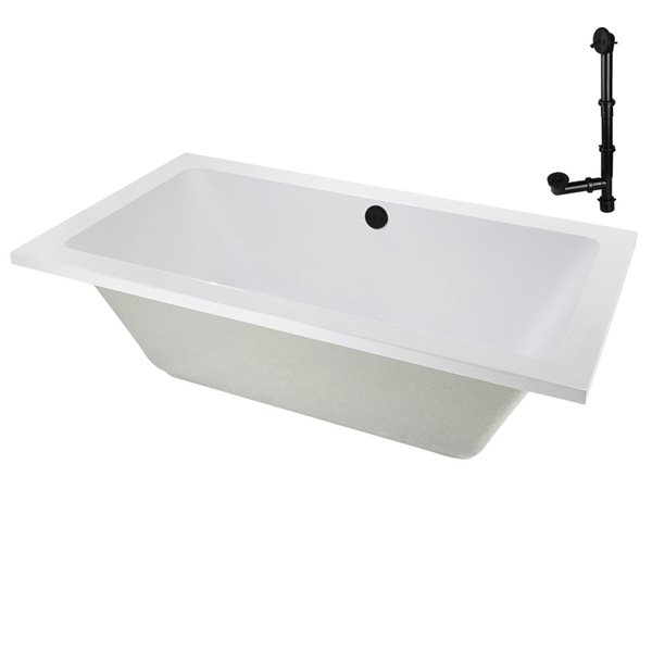 Streamline 72 x 36 x 22.8-in Acrylic Soaking Drop-In Bathtub, Glossy White w/ External Drain, Matte Black