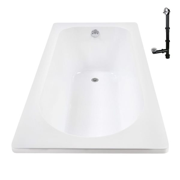 Streamline 72 x 36-in Acrylic Soaking Drop-In Bathtub, Glossy White w/ External Centre Drain, Polished Chrome