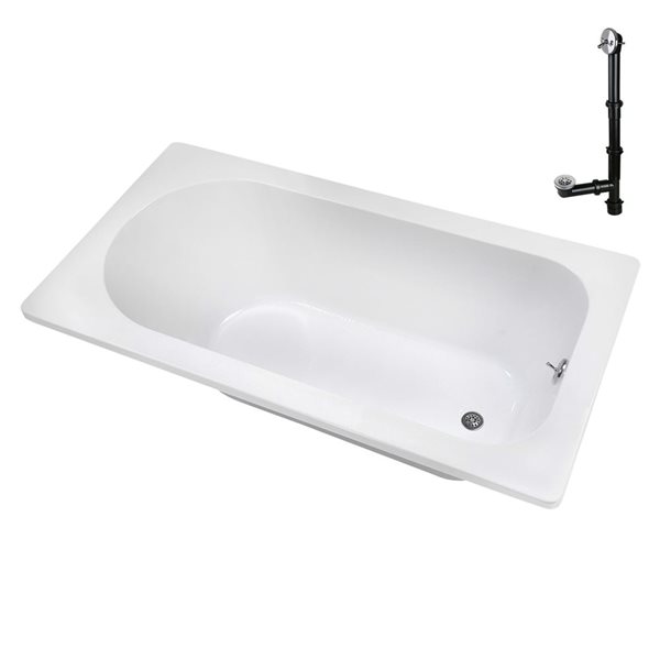 Streamline 72 x 36-in Acrylic Soaking Drop-In Bathtub, Glossy White w/ External Centre Drain, Polished Chrome