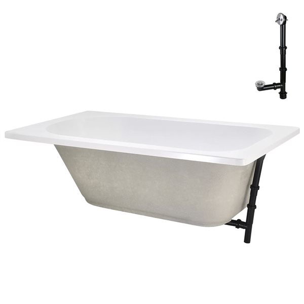 Streamline 72 x 36-in Acrylic Soaking Drop-In Bathtub, Glossy White w/ External Centre Drain, Polished Chrome