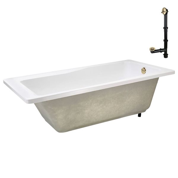 Streamline 72 x 36 x 22.8-in Acrylic Soaking Drop-In Bathtub, Glossy White w/ External Reversible Drain in Polished Brass