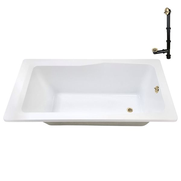 Streamline 72 x 36 x 22.8-in Acrylic Soaking Drop-In Bathtub, Glossy White w/ External Reversible Drain in Polished Brass