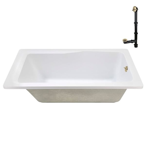 Streamline 72 x 36 x 22.8-in Acrylic Soaking Drop-In Bathtub, Glossy White w/ External Reversible Drain in Polished Brass