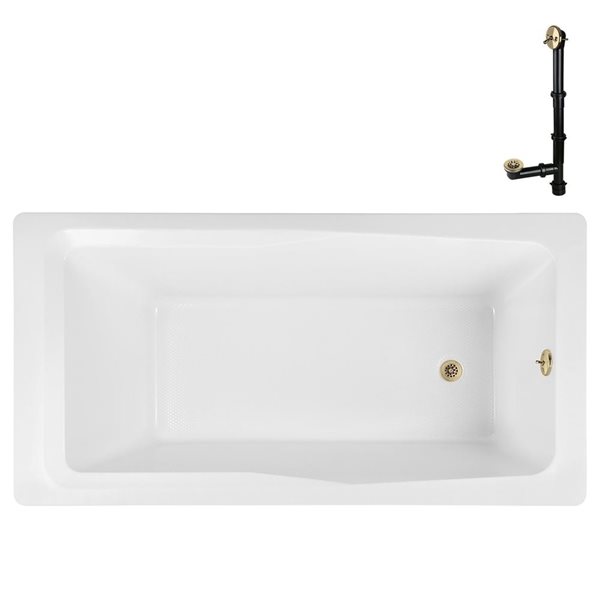 Streamline 72 x 36 x 22.8-in Acrylic Soaking Drop-In Bathtub, Glossy White w/ External Reversible Drain in Polished Brass
