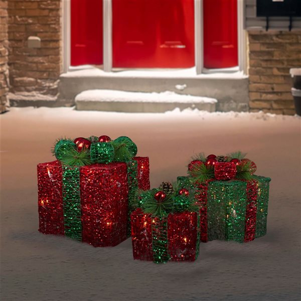 NORTHLIGHT Set of 3 LED Lighted Red and Green Glitter Threaded Gift ...