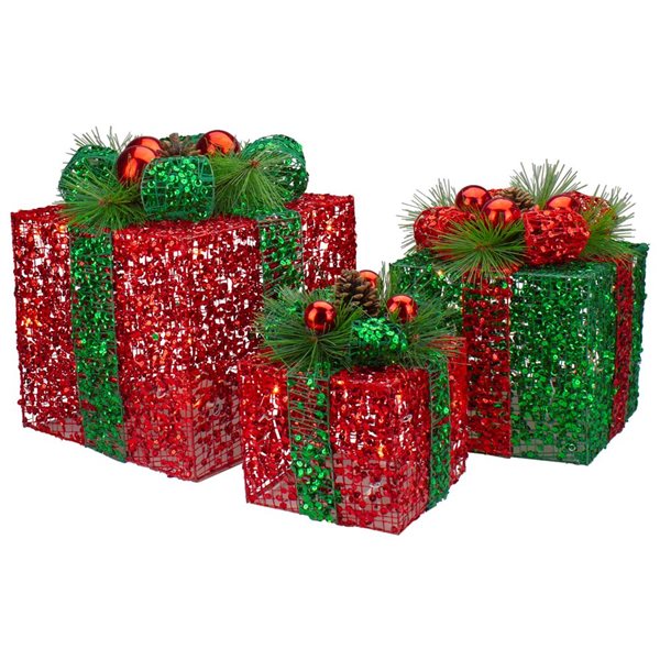 NORTHLIGHT Set of 3 LED Lighted Red and Green Glitter Threaded Gift ...