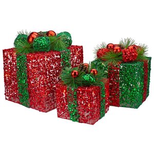 Set of 3 LED Lighted Red and Green Glitter Threaded Gift Boxes Outdoor Christmas Decoration