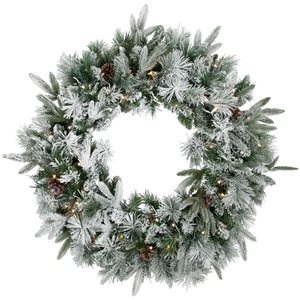 Pre-Lit Flocked Rosemary Emerald Angel Pine Artificial Christmas Wreath - 30-in - Clear LED Lights