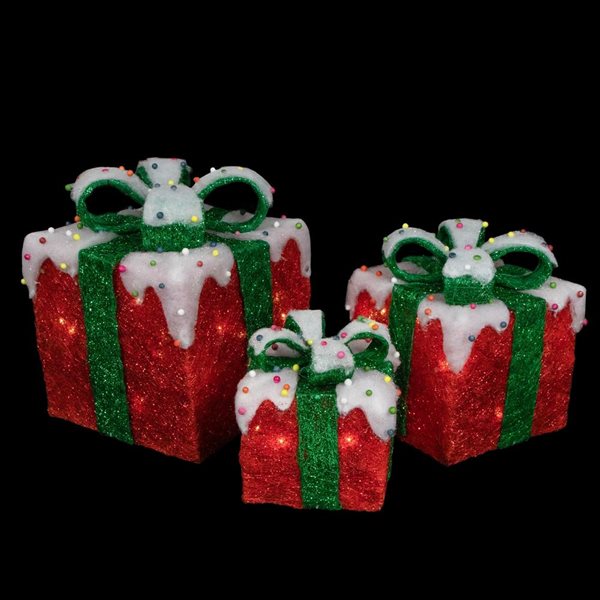 Set of 3 Lighted Snow and Candy Covered Sisal Gift Boxes Christmas Outdoor Decorations