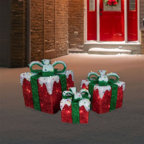 Set of 3 Lighted Snow and Candy Covered Sisal Gift Boxes Christmas Outdoor Decorations