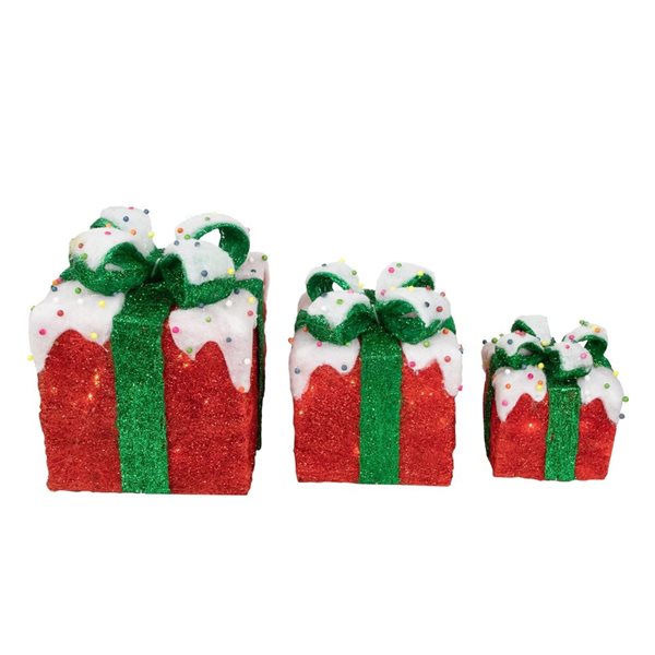 Set of 3 Lighted Snow and Candy Covered Sisal Gift Boxes Christmas Outdoor Decorations