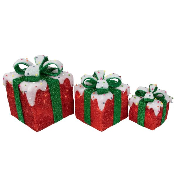 Set of 3 Lighted Snow and Candy Covered Sisal Gift Boxes Christmas Outdoor Decorations