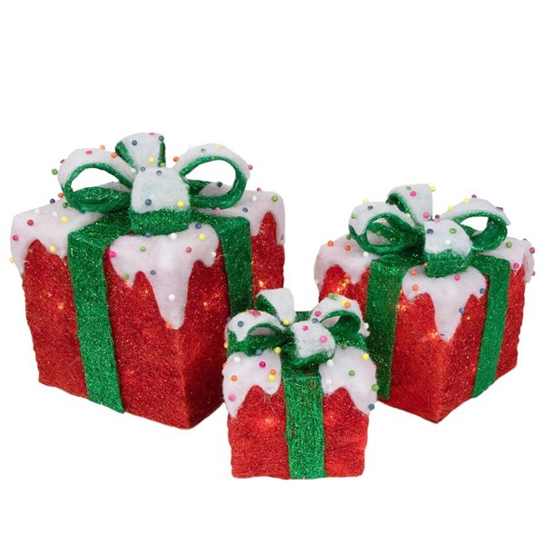 Set of 3 Lighted Snow and Candy Covered Sisal Gift Boxes Christmas Outdoor Decorations