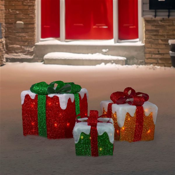 Set of 3 LED Lighted Green  Gold and Red Snowy Gift Boxes Outdoor Christmas Decorations