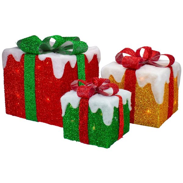 Set of 3 LED Lighted Green  Gold and Red Snowy Gift Boxes Outdoor Christmas Decorations