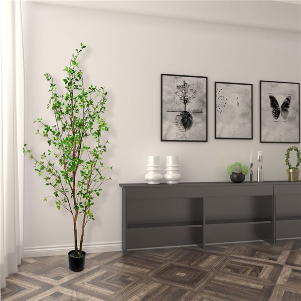 Vickerman 84-in Artificial Potted Baby Leaf Tree in Black Planters Pot