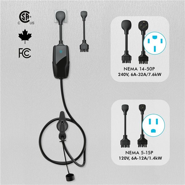 Chargeur de véhicule électrique intelligent portatif Flex-AC de Pion Power niveau 2 32 A noir