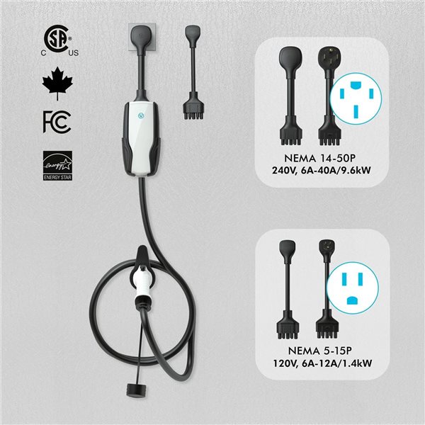 Chargeur de véhicule électrique intelligent portatif Flex-AC de Pion Power niveau 2 40 A blanc