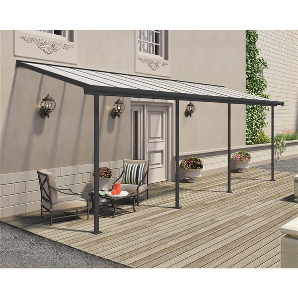 Abri pour patio 7,5 x 22,5 pi Sierra de Canopia cadre aluminium gris et panneaux polycarbonate transparent