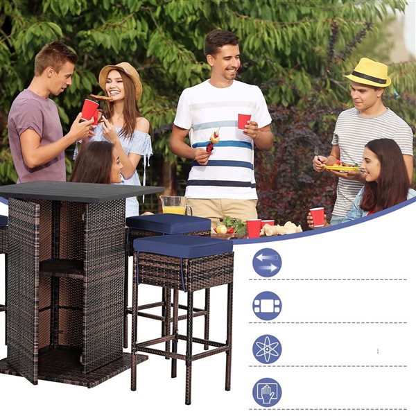 Costway 5-Pc Navy/Brown Steel Frame/PE Rattan Patio Bistro Set