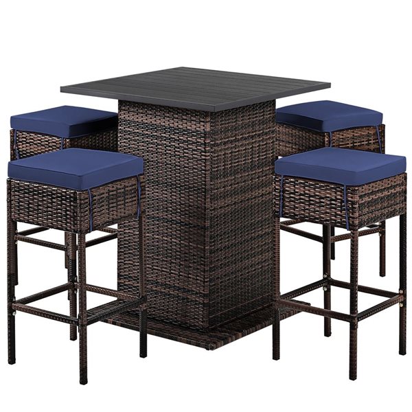 Costway 5-Pc Navy/Brown Steel Frame/PE Rattan Patio Bistro Set