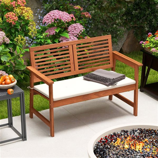 Costway 43.5 W x 24.5 D x 32-in H Natural Solid Wood Outdoor Patio Bench with Off/White Cushion