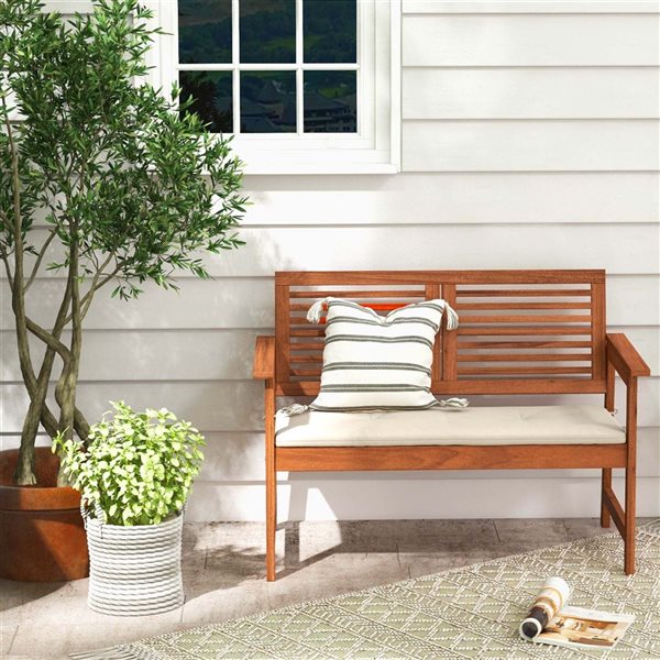 Costway 43.5 W x 24.5 D x 32-in H Natural Solid Wood Outdoor Patio Bench with Off/White Cushion