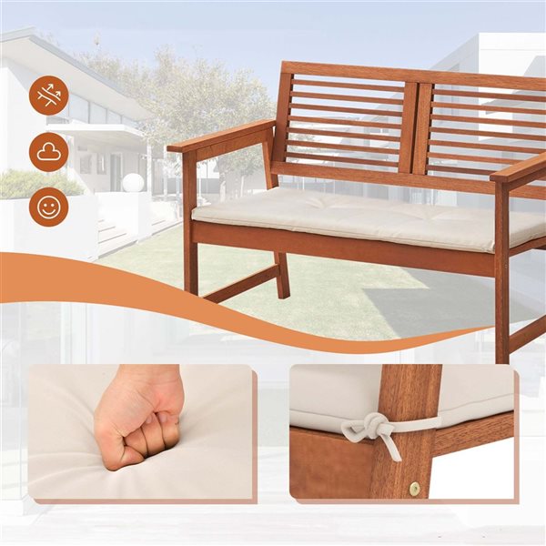 Costway 43.5 W x 24.5 D x 32-in H Natural Solid Wood Outdoor Patio Bench with Off/White Cushion