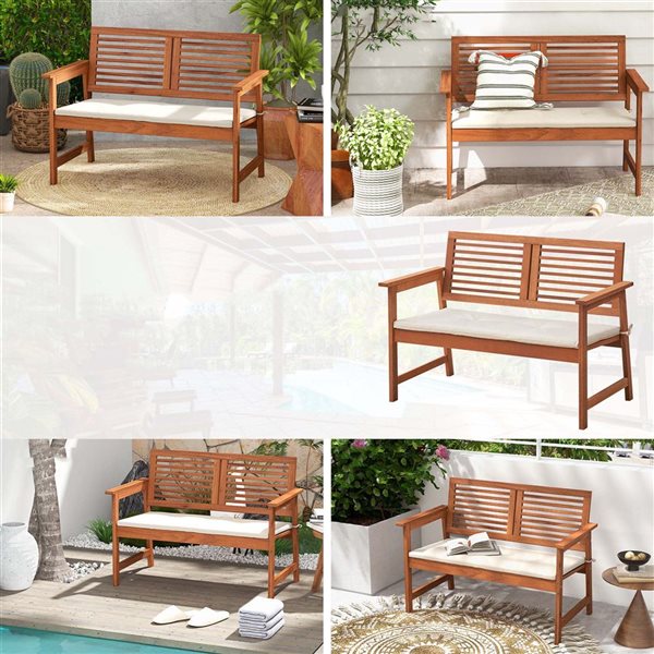 Costway 43.5 W x 24.5 D x 32-in H Natural Solid Wood Outdoor Patio Bench with Off/White Cushion