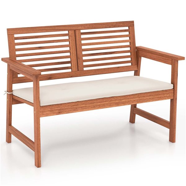 Costway 43.5 W x 24.5 D x 32-in H Natural Solid Wood Outdoor Patio Bench with Off/White Cushion