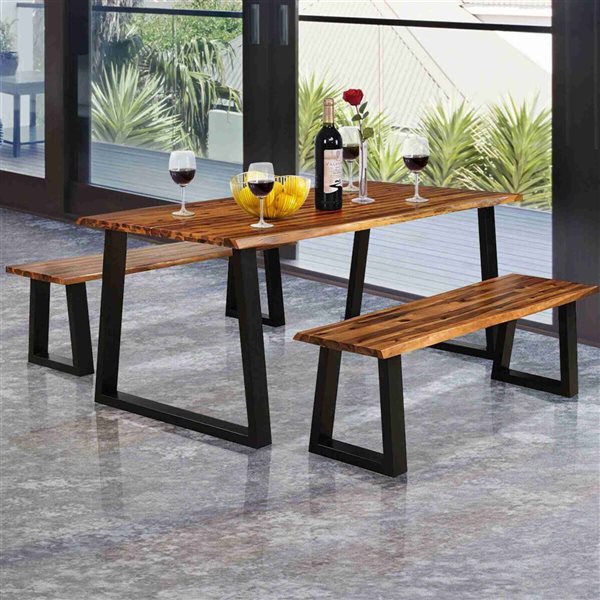 Costway 57.5 W x 15.5 D x 18-in H Black Steel Frame/Brown Acacia Wood Outdoor Dining Bench