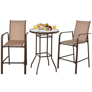 Costway 3-Pc Brown Steel Frame Patio Bar Set with Glass Top Table