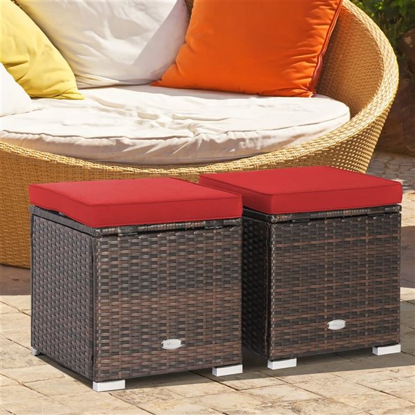 Costway 2-Pc Mix Brown PE Wicker Ottomans/Side Tables w/ Red Cushions