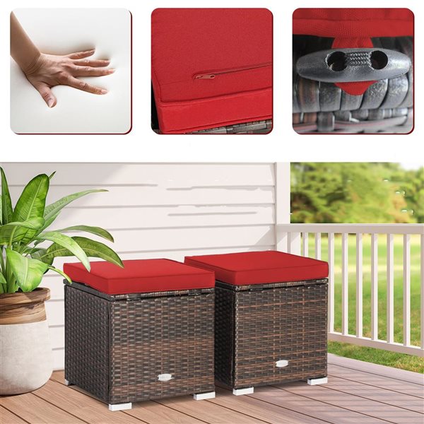 Costway 2-Pc Mix Brown PE Wicker Ottomans/Side Tables w/ Red Cushions