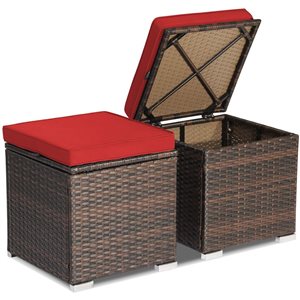 Costway 2-Pc Mix Brown PE Wicker Ottomans/Side Tables w/ Red Cushions