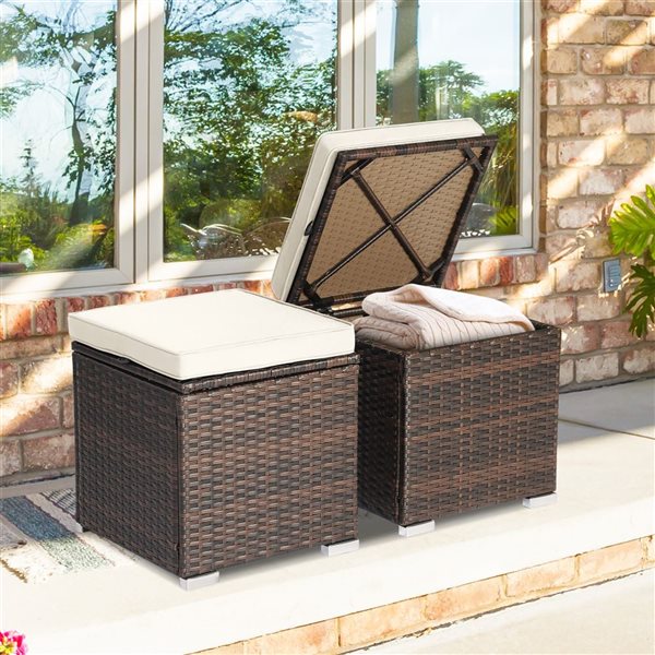 Costway 2-Pc Mix Brown PE Wicker Ottomans/Side Tables w