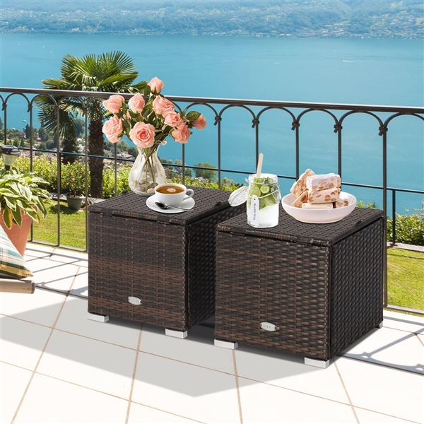 Costway 2-Pc Mix Brown PE Wicker Ottomans/Side Tables w