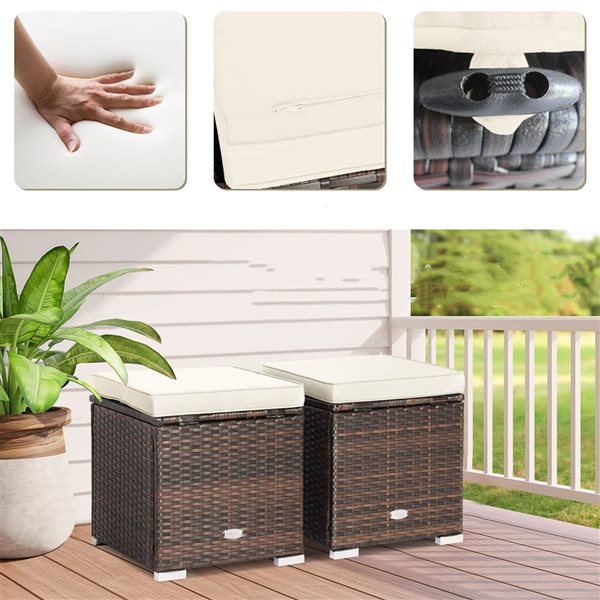 Costway 2-Pc Mix Brown PE Wicker Ottomans/Side Tables w
