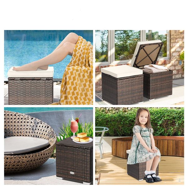 Costway 2-Pc Mix Brown PE Wicker Ottomans/Side Tables w/ White Cushions