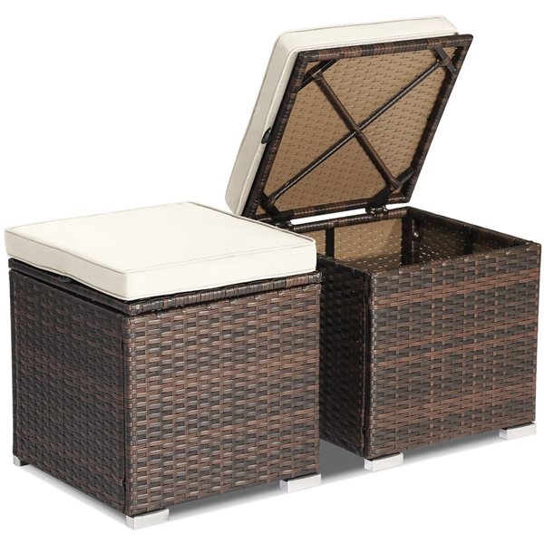 Costway 2-Pc Mix Brown PE Wicker Ottomans/Side Tables w/ White Cushions